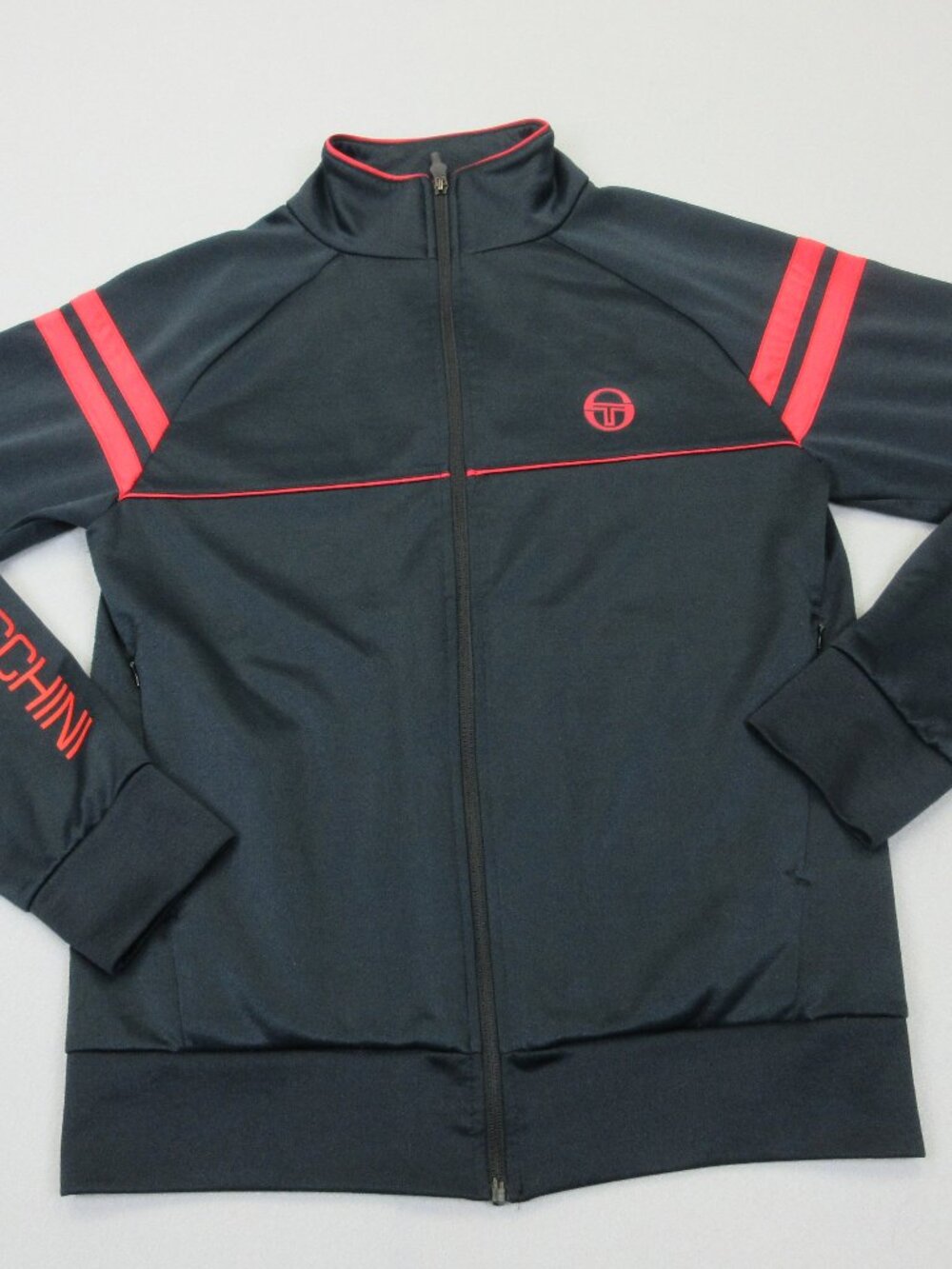 Sergio Tacchini Track Jacket Mens Medium Black Full Zip Tennis Stripe Red